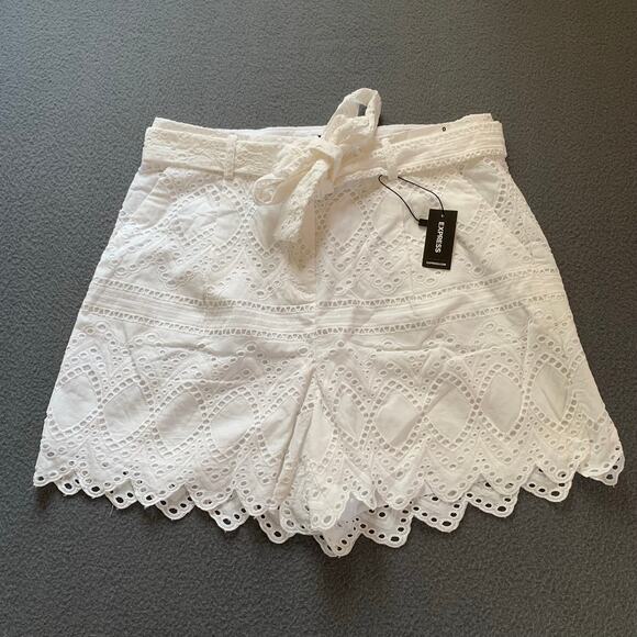 Express Pants - NWT Express High Waisted Eyelet Lace Shorts Tie Belt White Beachy Boho Size 8